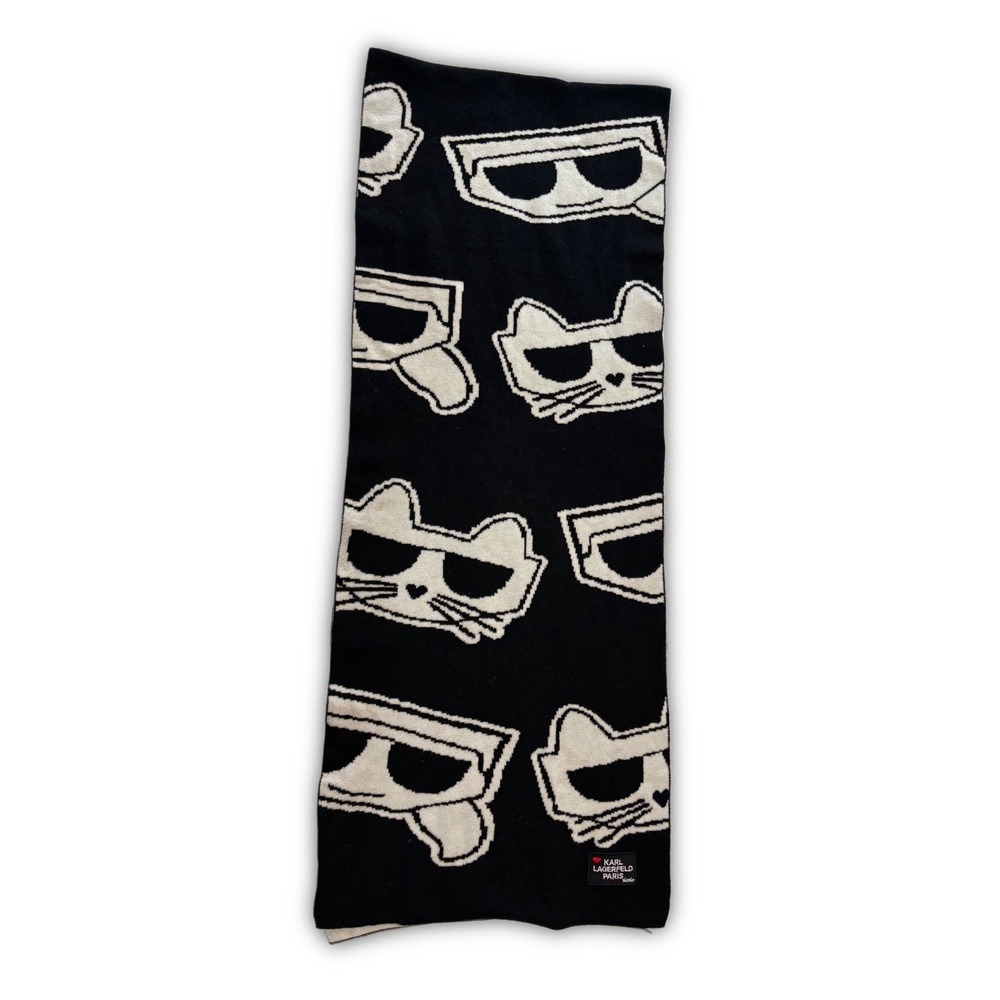 Karl Lagerfeld Paris Cat Knit Rectangle Scarf Black White Animal Print Logo